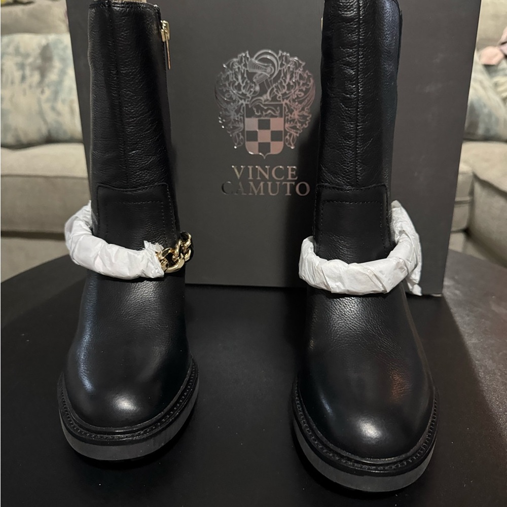 Vince Camuto Black Boots with Gold Chain Detail